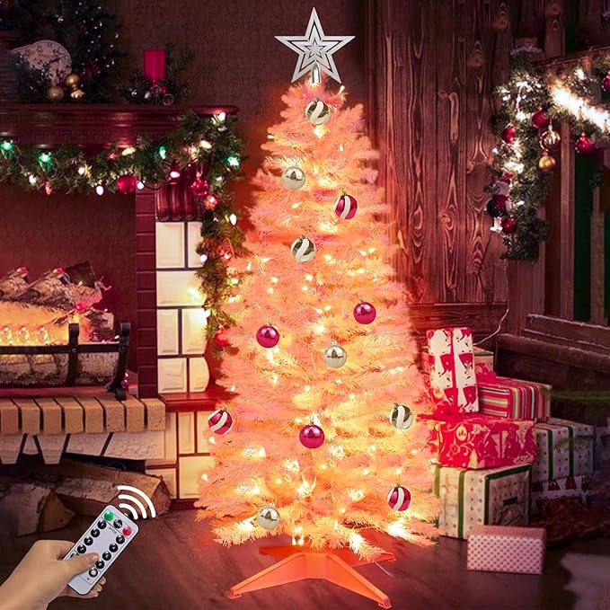 4 Ft Christmas Tree Remote Control 8 Modes Dual Color Change Timer 100 Warm White&Colored Lights 18 Christmas Ball Ornaments 3D Star Battery Operated Small Xmas Tree Table Indoor Holiday Party Decor