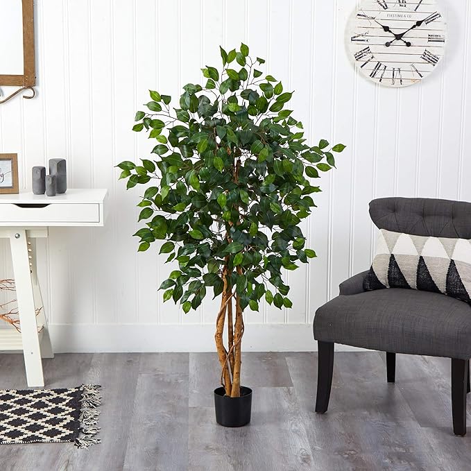 Nearly Natural 4ft Triple Trunk Artificial Ficus Tree with Natural Wood Trunks, Fake Tree for Indoor Home Décor, Faux Ficus Tree with Black Nursery Pot