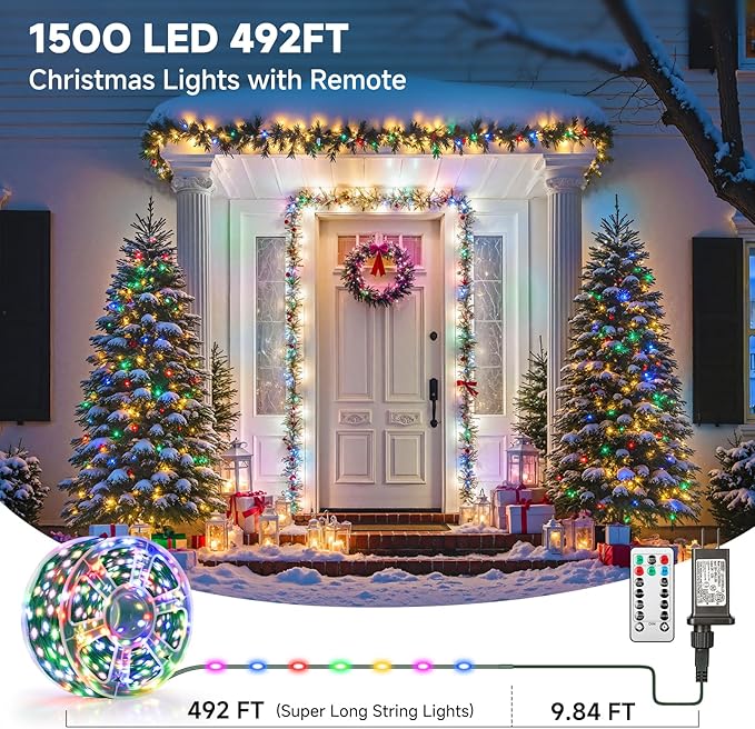 Mlambert 1500 LED Christmas Lights 492FT, Outdoor Waterproof Dimmable Fairy Lights with Remote, 8 Modes Indoor Lighting for Holiday Décor, Multicolor