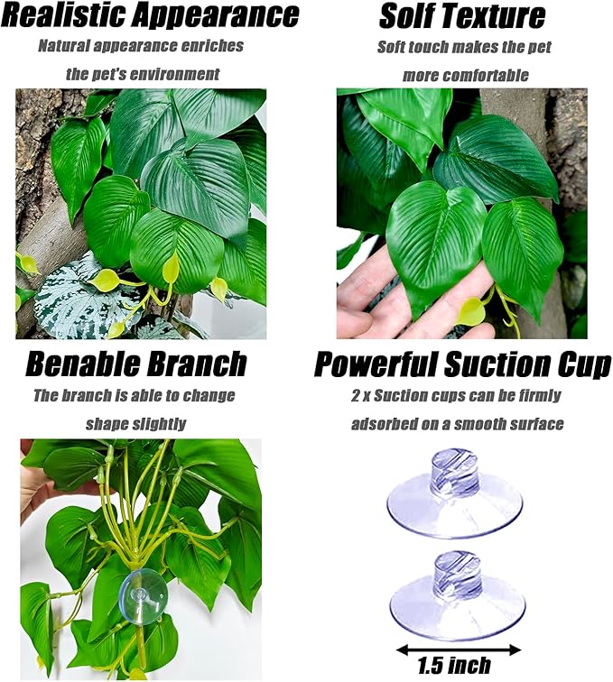 Woyrise Reptile Plants, Terrarium Hanging Plant Vines, Artificial Leaves with Suction Cup, Bearded Dragon Tank Accessories for Gecko Lizard Snake Frog Tortoise Decorations - Epipremnum aureum