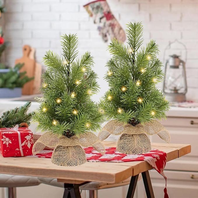 13 Inch Mini Christmas Tree with Lights, 2 Pack Prelit Tiny Xmas Trees,Battery Operated with Timer for Tabletop Desk Indoor Fireplace Office