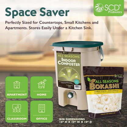 All Seasons Indoor Composter Starter Kit – 5 Gallon Tan Compost Bin For Kitchen Countertop With Lid, Spigot & 1 Gallon (2 lbs.) Bag Of Dry Bokashi Bran – by SCD Probiotics