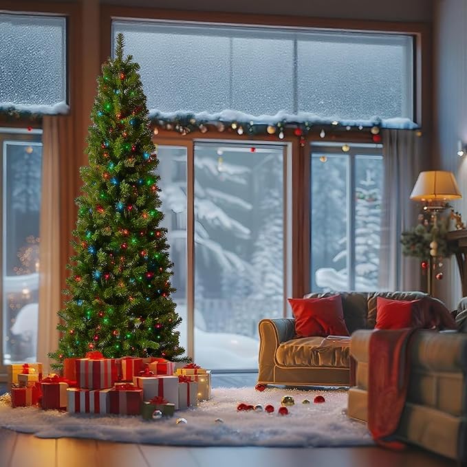 7.5ft Pre-Lit Slim Christmas Tree Douglas Fir with 186 PE & 610 PVC Branches, Hinged Sections & Metal Stand, 350 Dual Color LED Lights with 10 Modes for Holiday Decoration