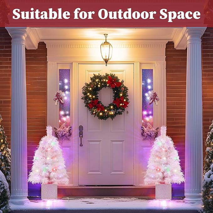 Brightever 2FT Small Christmas Tree, Prelit Pink Mini Christmas Tree with 50 Multi-Color LED Lights, Unique Gift Box Base, Battery Powered Little Xmas Tree for Bedroom