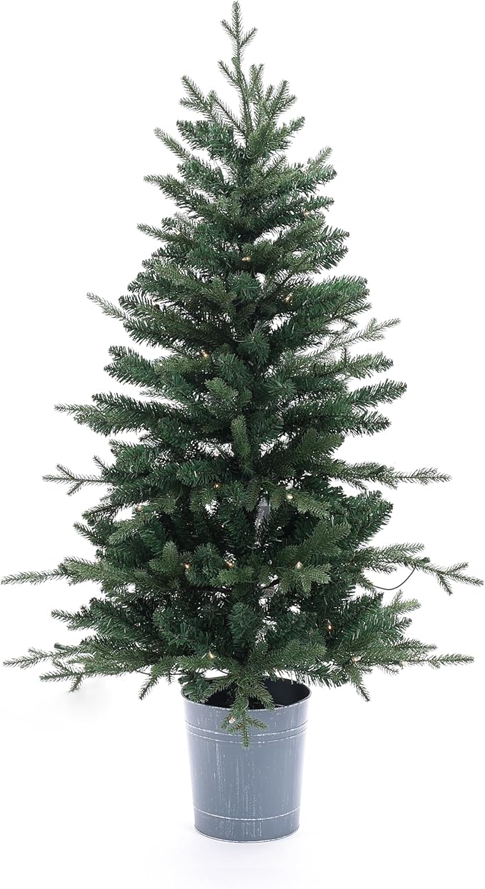 LuxenHome 4FT Small Christmas Tree, Prelit Slim Potted Christmas Trees with 70 Warm White LED Lights, Lighted Artificial Tree with Metal Pot, Small Faux Holiday Tree for Indoor Home, Office Decor