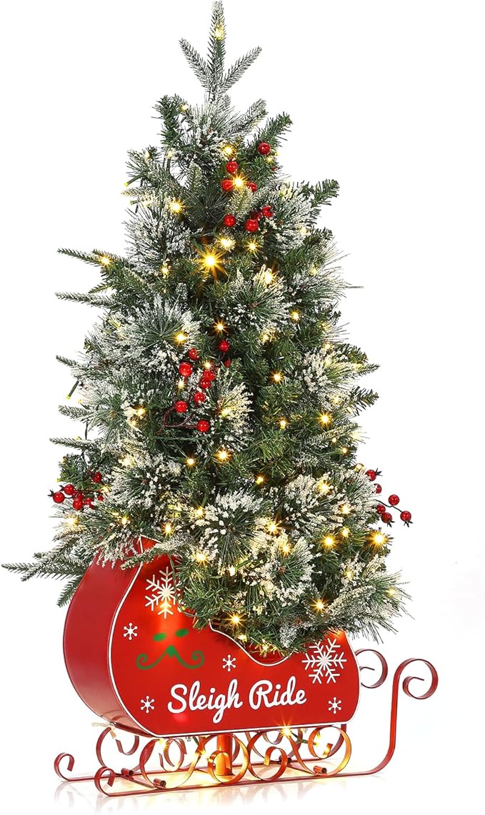 Garvee 3FT Christmas Tree, Pre-Lit Artificial Christmas Trees with Lights, Small Xmas Trees with Sleigh Base & 78 Warm White Lights, Christmas Decoration for Home, Office,1 PCS