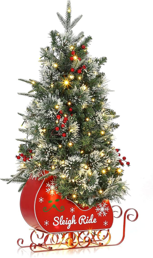 Garvee 3FT Christmas Tree, Pre-Lit Artificial Christmas Trees with Lights, Small Xmas Trees with Sleigh Base & 78 Warm White Lights, Christmas Decoration for Home, Office,1 PCS