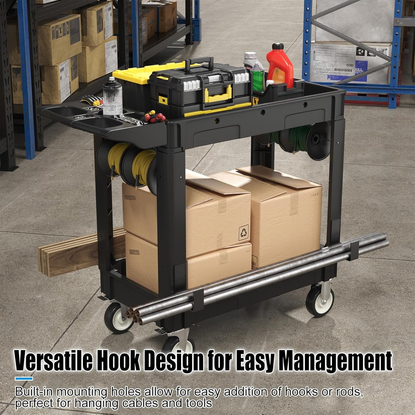 Heavy Duty Rolling Utility Cart with Wheels 2-Tier Utility Plastic Service Work Cart for Shop, Garage, Warehouse, Maintenance 550 lbs