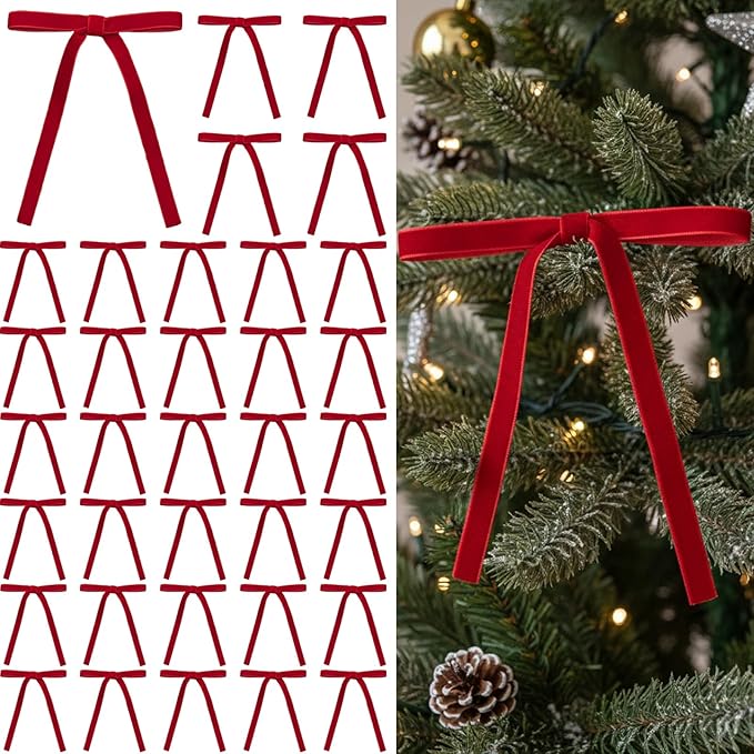 36 Pcs Velvet Christmas Tree Bows Decor, Vintage Wreath Bow for Christmas Garland, Gift Wrapping, Xmas Tree, 3/8'' Wide, 5 * 7 inch (Red)
