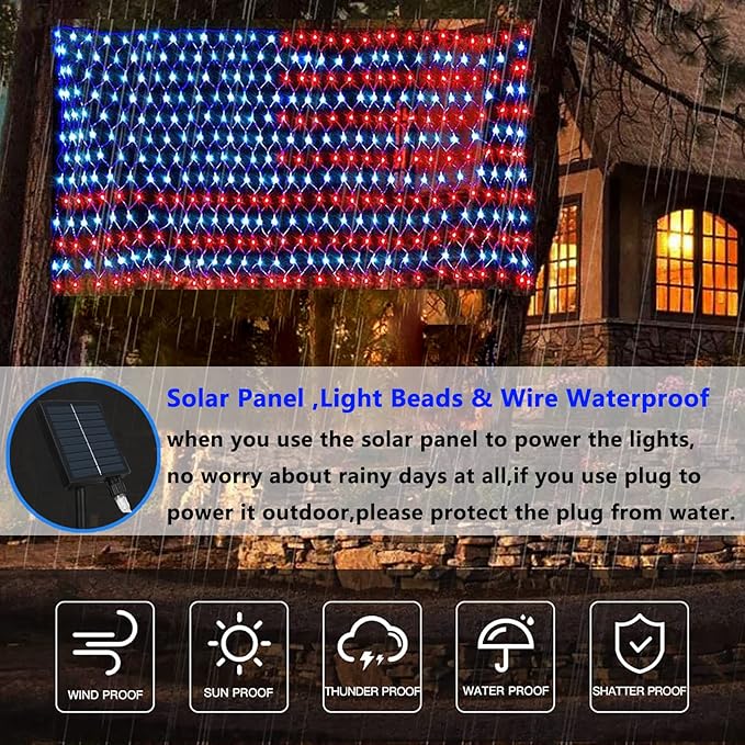 HYH American Flag Lights Outdoor Solar String Lights with 420 Super Bright LED Waterproof Flag Net Light of The United States for Yard,Garden,Festival,Holiday,4th of July,Independence Day Decoration