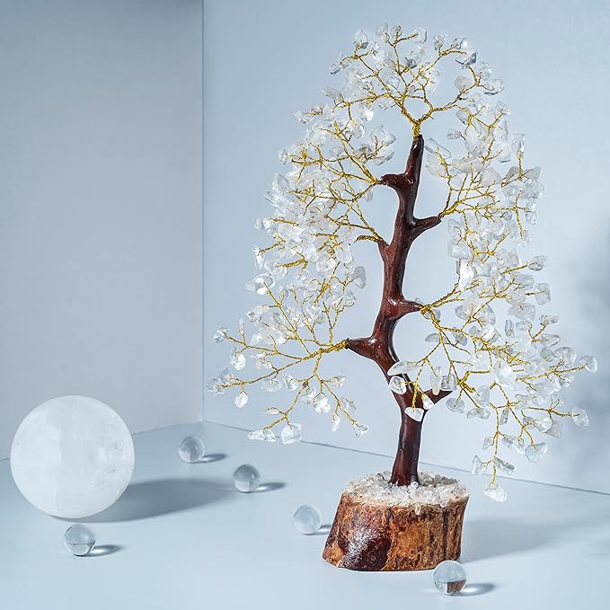 Crocon Clear Quartz Crystal Tree of Life - Chakra for Positive Energy, Feng Shui Decor - Gemstone Money Bonsai Tree, Good Luck Healing Crystals - Meditation Stones, Spiritual Unique Gift 10-12"