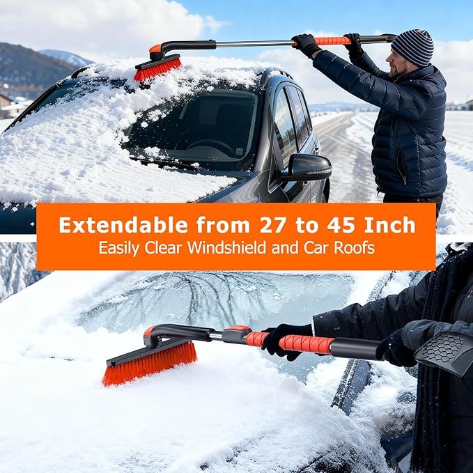 [2025 Upgrade Extendable Car Snow Brush and Ice Scraper [3-in-1] Clean Snow, Ice and Frost, 45''Adjustable Length with 360° Rotating Brush Head, Suitable for All Cars-Medium