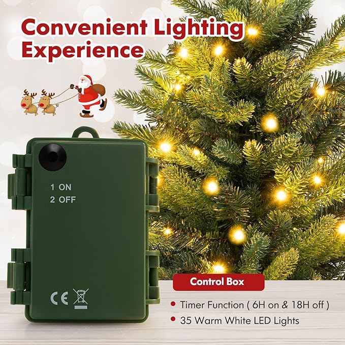 GOFLAME 2FT Pre-Lit Artificial Mini Christmas Tree, Small Tabletop Xmas Fir Tree with 234 Branch Tips, 35 Warm White LED Lights, Timer, Holiday Decoration Tree with Burlap Base