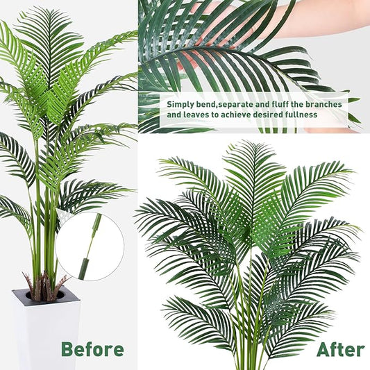 Artificial Palm Tree with White Tall Planter, 5ft Tall Potted Artificial Silk Palm Tree Plant, Fake Tropical Plant, Home Office Floor Room Decor Plants Indoor Outdoor, Housewarming Gift