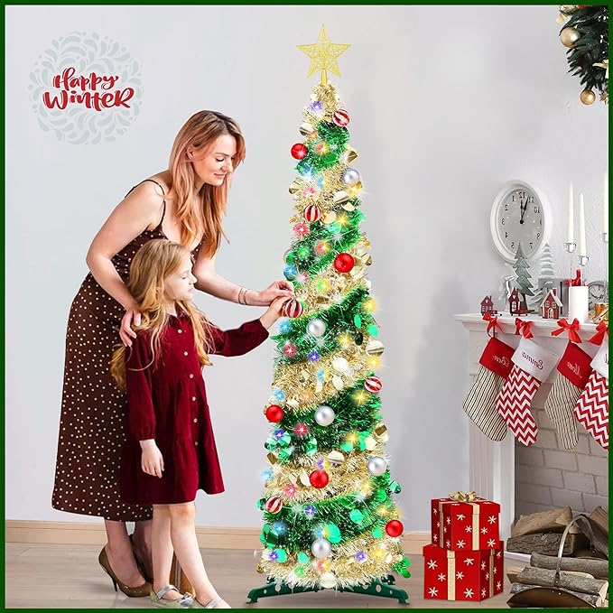 5FT Pop Up Christmas Tree with Timer 60 Warm White & Multi Color Fairy Light 3D Star 15 Ball Ornament, Green Gold Tinsel Christmas Tree Slim Pencil Xmas Tree Home Office Holiday Decor Indoor Outdoor