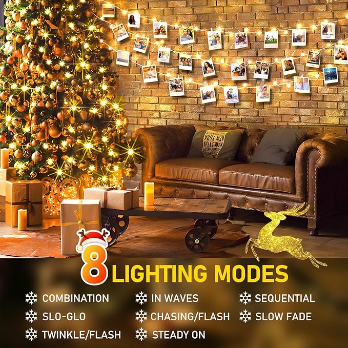 KNONEW Christmas String Lights Indoor Plug in,60FT 180LED Outdoor Waterproof Fairy Lights,8 Lighting Modes,Timer Memory Function for Bedroom Patio Balcony Party (Warm White)