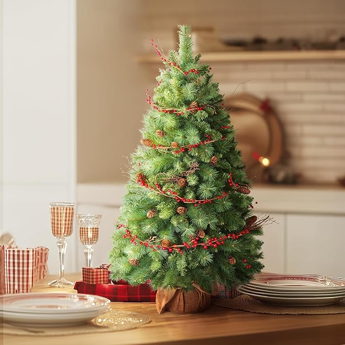 Christmas Tree, 3FT Tabletop Christmas Tree with Cloth Bag Base and LED Light, Pre-Lit Small Artificial Tree with Pine Cones & Red Berries, Christmas Decorative for Outdoor Indoor Porch