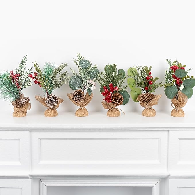 6 PCS Rustic Mini Christmas Tree Tabletop Set, Mixed Green Leaves, Red Berries and Pine Cones, 9 inch Artificial Trees with Burlap Bases, Ideal for Holiday Home Office Table Centerpiece