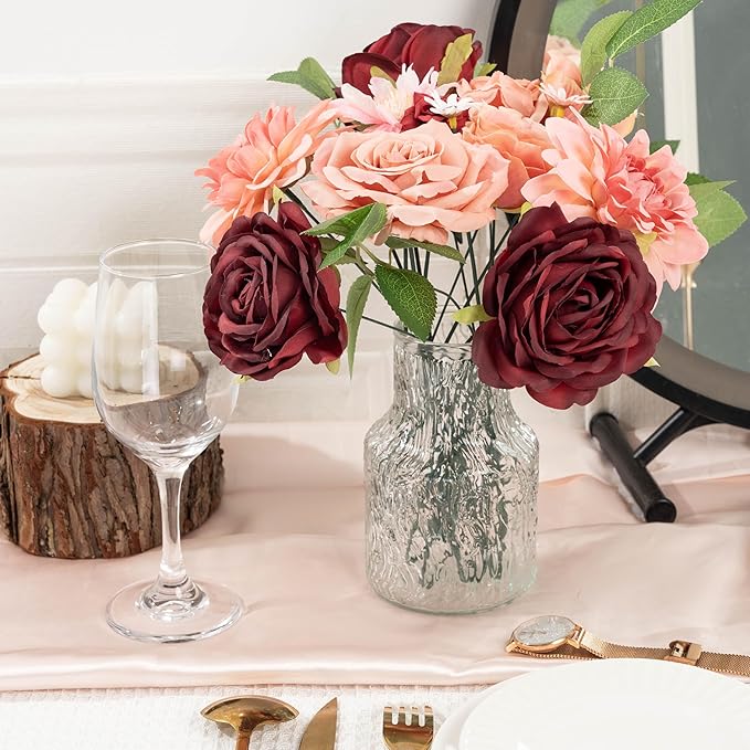 30 Pcs Artificial Flowers Combo Red Flowers Mix Silk Flowers Dahlia Roses with Stems for DIY Wedding Bridal Bouquets, Baby Shower, Floral Arrangement, Table Centerpieces, Home Decorations.