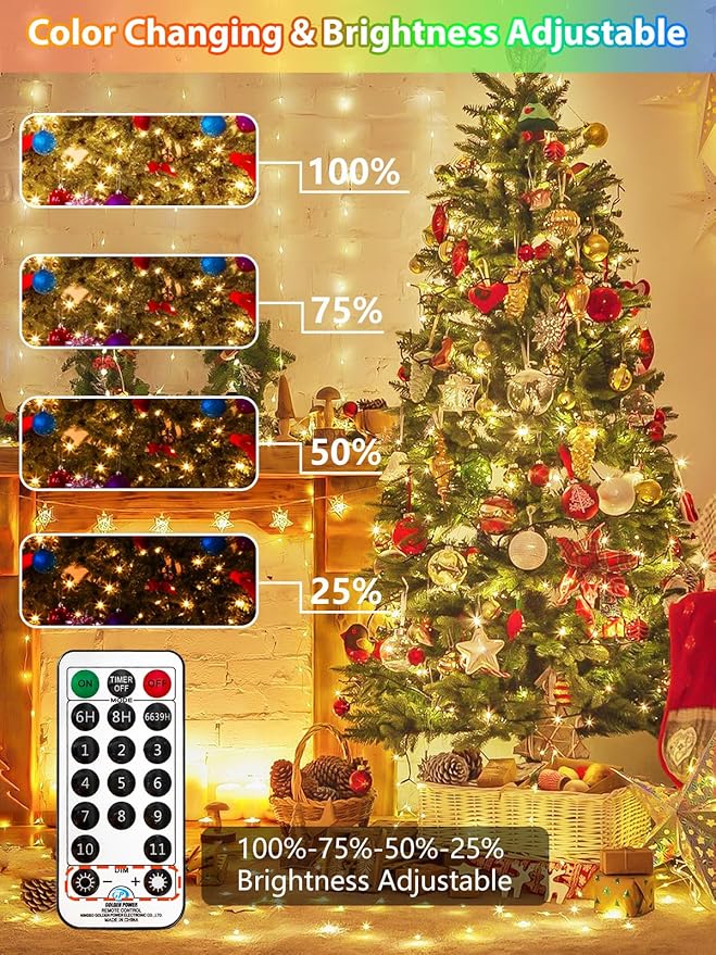 500 LED 165 FT Color Changing Christmas Lights with Remote and Timer, Fairy String Lights with 11 Lighting Modes & Memory Function Waterproof for Xmas Tree Holiday Party Decor(Warm White & Multicolor)