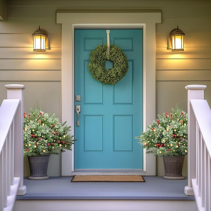 18 Inch Pre-lit Outdoor Christmas Tree, Frosted Christmas Urn Filler for Pathway &Porch& Yard Decorations, with 50 LED 8 Modes Lights,Battery Powered, Decor with Cones & Red Berries