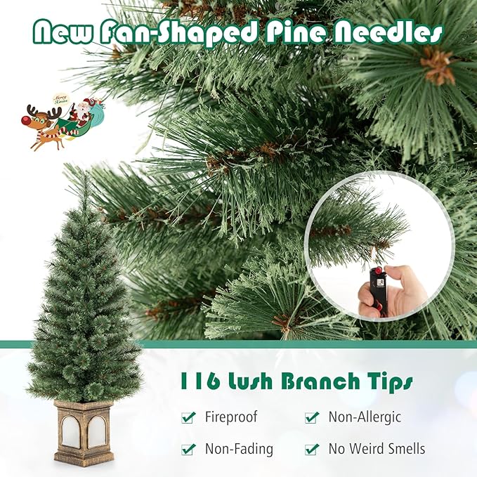 HAPPYGRILL 4 FT Pre-Lit Christmas Tree Set of 2, Artificial Xmas Entrance Tree w/116 Branch Tips, 3 Lighting Modes, 100 LED Lights & Cement-Filled Base, Pine Needles, Remote Control, Holiday Decor