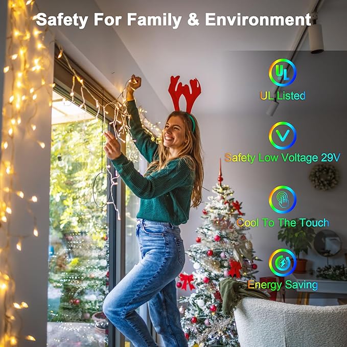 66ft LED Christmas Lights Outdoor with 140 Drops, Christmas Decorations Hanging Lights 490 LED 8 Lighting Modes, Outsite Fairy String Lights for House Xmas Wedding Party Holiday Decoration Warm White