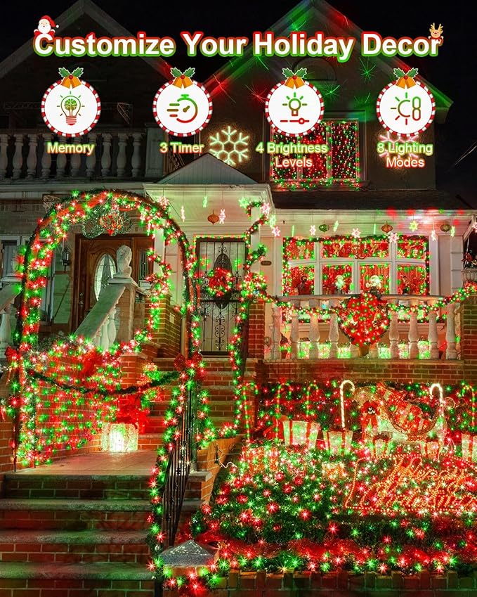 Total 710FT 1800 LED Christmas Lights,Extra LongOutdoor String Waterproof, Timer & Memory, 8 Modes Dimmable Plug in Fairy for Outside Tree Holiday Party Wedding Decor, Red and Green