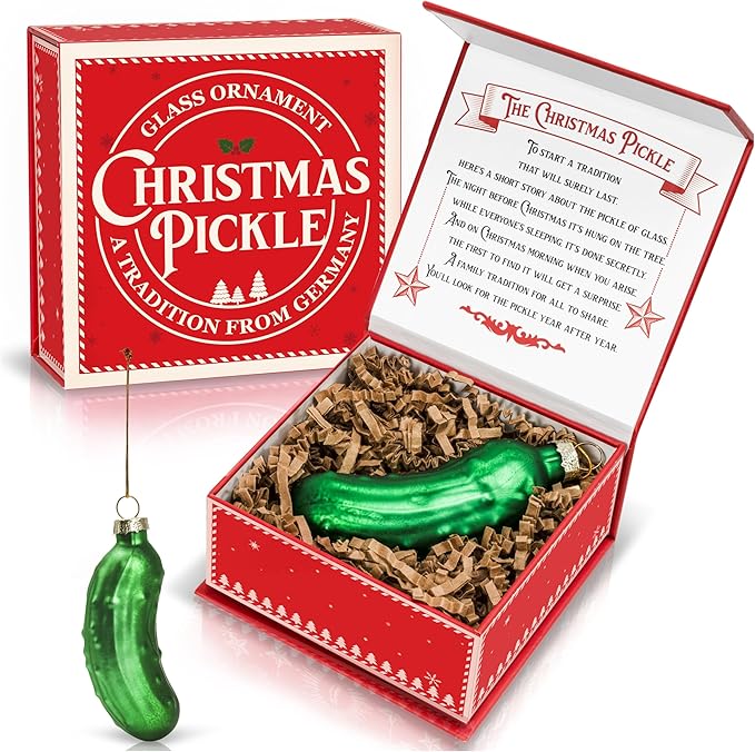 German Christmas Pickle Ornament Tradition – Handcrafted Green Glass Christmas Tree Ornament – Gift Boxed with Story & Legend – Holiday Keepsake Gift