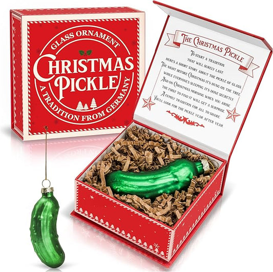 German Christmas Pickle Ornament Tradition – Handcrafted Green Glass Christmas Tree Ornament – Gift Boxed with Story & Legend – Holiday Keepsake Gift