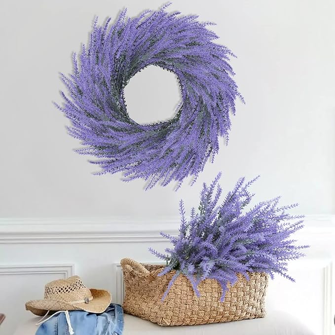 Ouddy Decor 24 Bundles Artificial Lavender Fake Flowers Faux Plastic Plants for Home Wedding Kitchen Garden Patio Window Box Office Table Centerpieces Indoor Outdoor Decor, Gray Purple