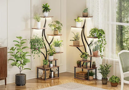 PRAISUN 51.3 Inch Plant Stand with Grow Light, 6 Tiered Indoor Plant Shelf with Larger Flower Holder, Pine-Shaped Stand, 3 Light Modes, Open Base, Corner Plant Rack for Living Room, Rustic Brown