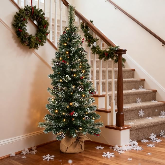 4ft Prelit Christmas Tree, Small Artificial Christmas Tree w/ 70 Warm White Lights, 122 Branch Tips, Easy Assembly, Xmas Decoration for Home, Office, Porch, Entryway, Holiday Party