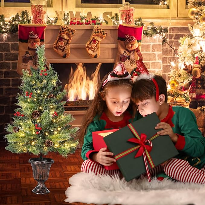 GarveeHome 3 Ft Artificial Mini Christmas Tree, Tabletop Christmas Tree with 70 LED Warm Lights, Mini Xmas Tree with Pine Cone & Red Berry for Tabletop, Home, Office, Holiday, Indoor and Outdoor Decor