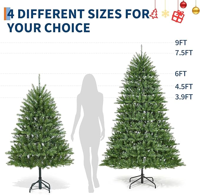 9 ft Prelit Christmas Tree with 900 Dual-Color LED Lights, Artificial Snow Flocked Full Xmas Tree with 3357 Branch Tips, Green & White Christmas Decorations