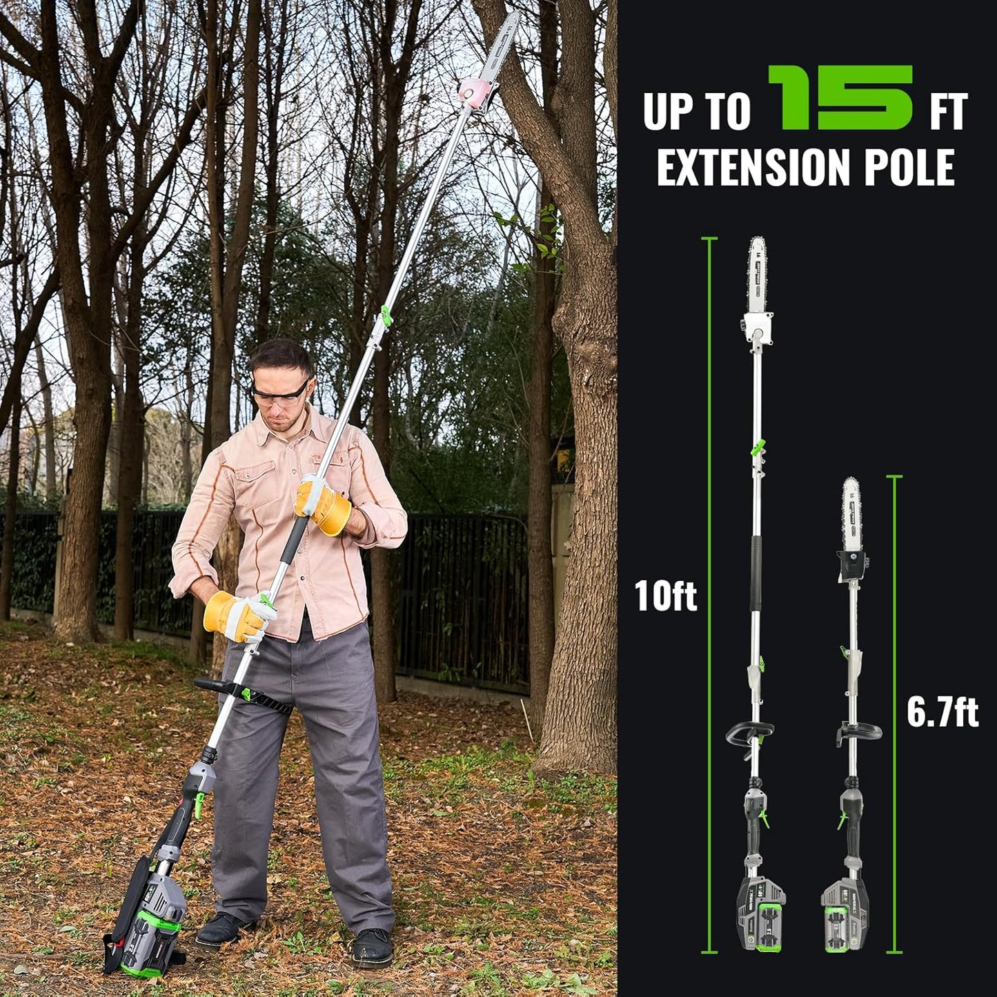 15-FT Cordless Pole Saw 60V Electric Power PoleSaw for Tree Trimming With Pole 10" Cutting Power Max Reach 2.5AH Battery