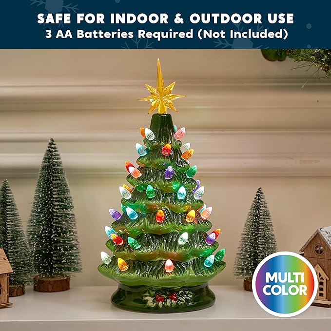 Joiedomi 12" Ceramic Christmas Tree, Table Top Christmas Tree with Flower Leaf, Vintage Pre-lit Xmas Decor with LED Lights, Battery Operated Hand-Painted Xmas Decorations Indoor Home