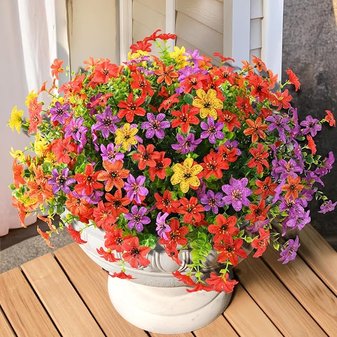 Artificial Flowers for Outdoors, 12 Bundles Multicolor Faux Silk Flower Spring Summer Decoration, Artificial Plants Fake Outdoor Flowers UV Resistant No Fade for Home Planter Porch Patio Yard Decor