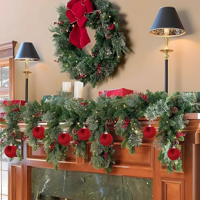 Woration 9pcs Red Velvet Christmas Hanging Ornaments Balls Set 2.36inch Garlands Xmas Tree DIY Decoration Hanging Plastic Balls for Holiday Wedding