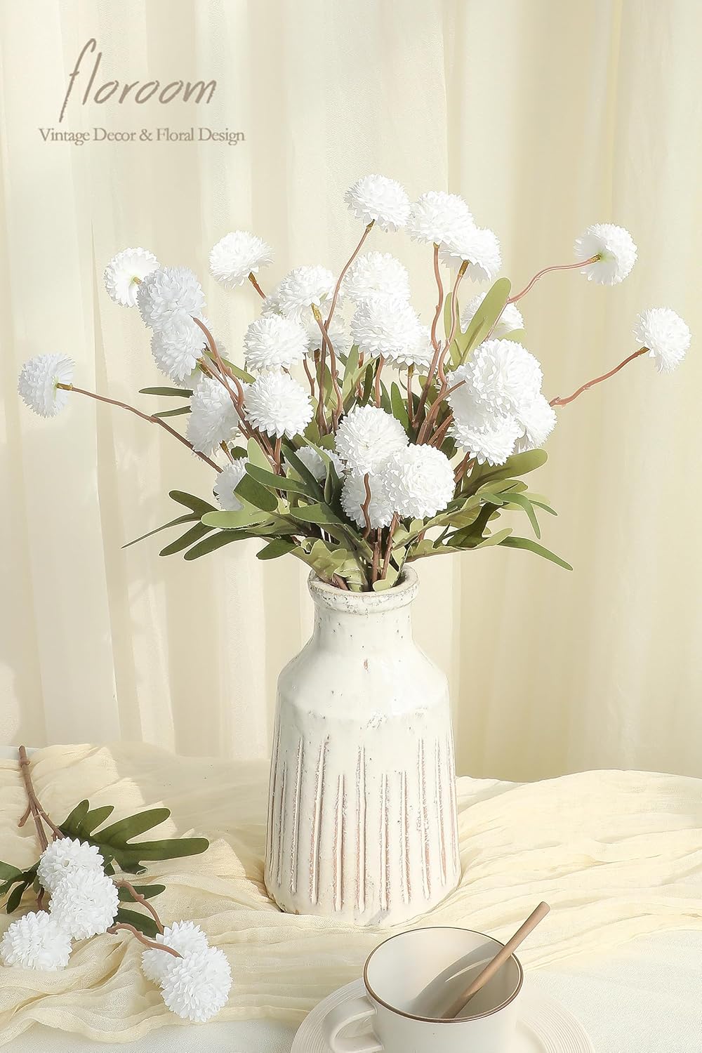 Floroom 5pcs White Faux Silk Mums Artificial Flowers, Bulk Fake Small Mini Chrysanthemums with Stems for DIY Wedding Centerpieces Floral Arrangements Vase Fillers Home Decorations