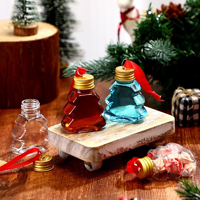 Patelai 18 Pcs Christmas Drink Balls Clear Shot Glass Ornaments Xmas Tree Fillable Ornaments Plastic Xmas Water Bottle Bulbs for Holiday Party Decorations(Christmas Tree,50 ml)