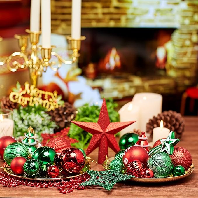 XmasExp 99-Pack Christmas Ball Ornaments Assorted Shatterproof Christmas Tree Decorations with Hand-held Gift Package for Xmas Tree,Home,Party(Green-Gold)