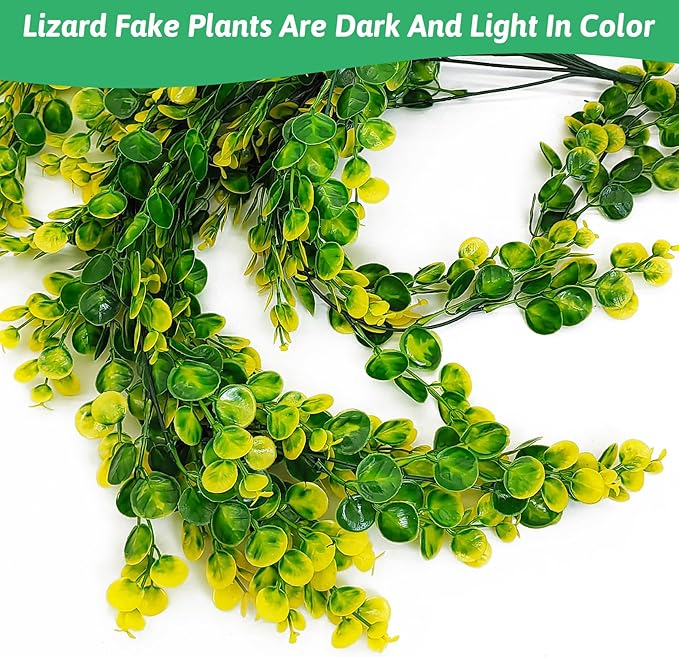 Hamiledyi 6 PCS Reptile Plants Hanging Terrarium Plants Artificial Leaves Habitat Decorations with Suction Cup Green and Yellow Fake Amphibian Plants for Bearded Dragon Lizard Geckos Chameleon