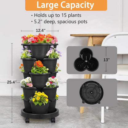 VECELO 5 Tier Vertical Garden Planter, Self Watering Stackable Planters with Wheels for Strawberries, Herbs, Flowers, Vegetables, Black