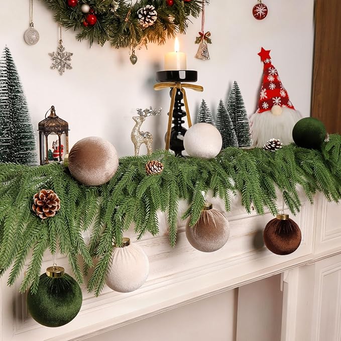 24 Pack Velvet Christmas Ornaments Set, 3.15 Inch Large Neutral Christmas Ball Ornaments Shatterproof Flocked Hanging Balls with Velvet Bows for Xmas Tree Garland Wreath Holiday Home Decor