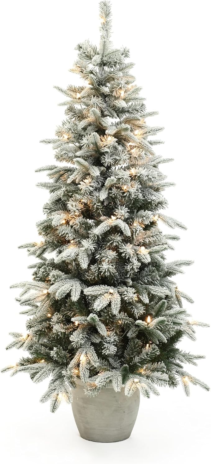 LuxenHome 5FT Small Potted Christmas Tree, Prelit Flocked Christmas Tree with Pot, Artificial Xmas Trees with 100 LED Lights, Lighted Pine Trees for Indoor, Outdoor Holiday Display