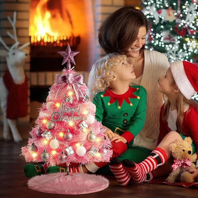 MACTING Mini Christmas Tree with 40 Lights, 2 FT Table Top Tree with Christmas Balls, Small Artificial Tree with Merry Christmas 8 Lighting Modes for Fireplace Desktop Home Indoor Xmas Decor(Pink)