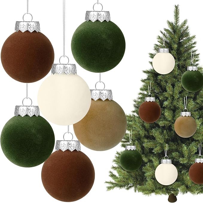 YUJUN 12 PCS Christmas Large Velvet Balls Ornaments 3.14In Shatterproof White Green Tree Hanging Plastic Ball Set Xmas Bulk Flocked Ornaments for Christmas Tree Home Party Wreath Decorations