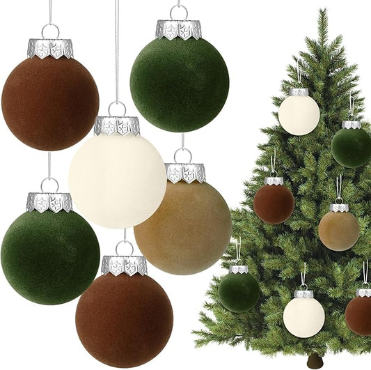 YUJUN 12 PCS Christmas Large Velvet Balls Ornaments 3.14In Shatterproof White Green Tree Hanging Plastic Ball Set Xmas Bulk Flocked Ornaments for Christmas Tree Home Party Wreath Decorations