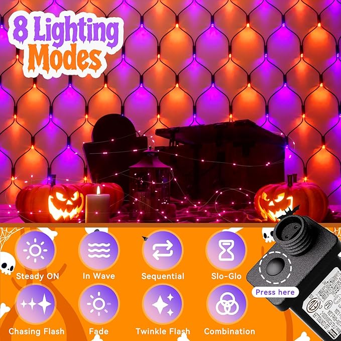 LitHome 14.8FT x 5FT Halloween Net Lights, 300 LED Purple Orange Bush Lights with 8 Modes, Connectable Waterproof Net Mesh Light Dark Green Wire for Bushes Shrubs Trees Outdoor Holiday Decor